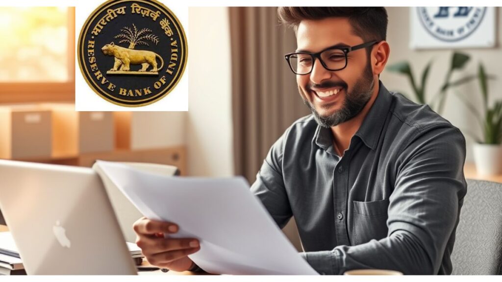 Smiling man reading financial documents at desk with RBI logo, representing new RBI rule removing prepayment charges on loans from January 2026.