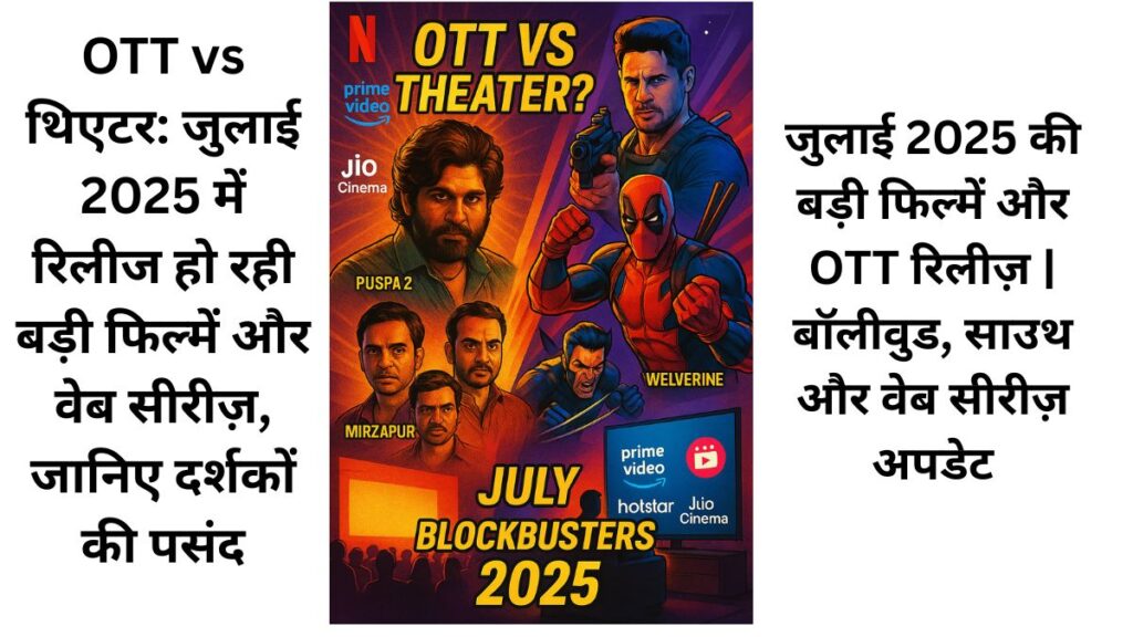"Collage of July 2025’s top movie and OTT releases featuring Pushpa 2, Yodha 2, Mirzapur 3, Deadpool-Wolverine, and OTT logos with theater vs OTT theme"