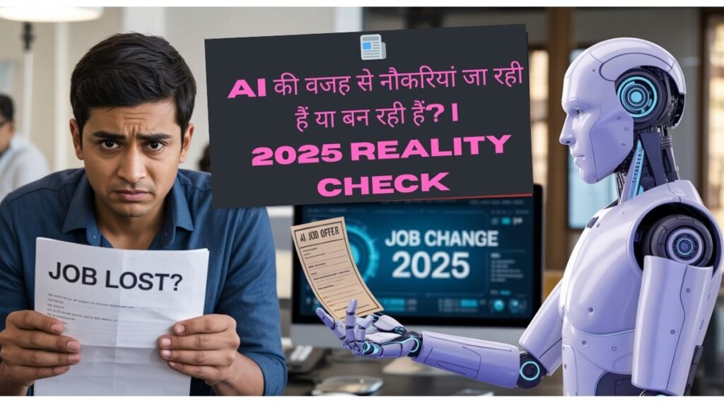 Indian man holding a "Job Lost?" paper while a humanoid robot offers an "AI Job Offer" letter; text reads “AI की वजह से नौकरियां जा रही हैं या बन रही हैं? | 2025 Reality Check”