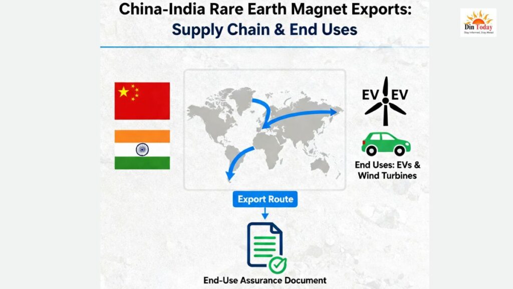 "China and India flags over a trade route map with rare earth magnet, EV, wind turbine, and endâuse assurance document icons"